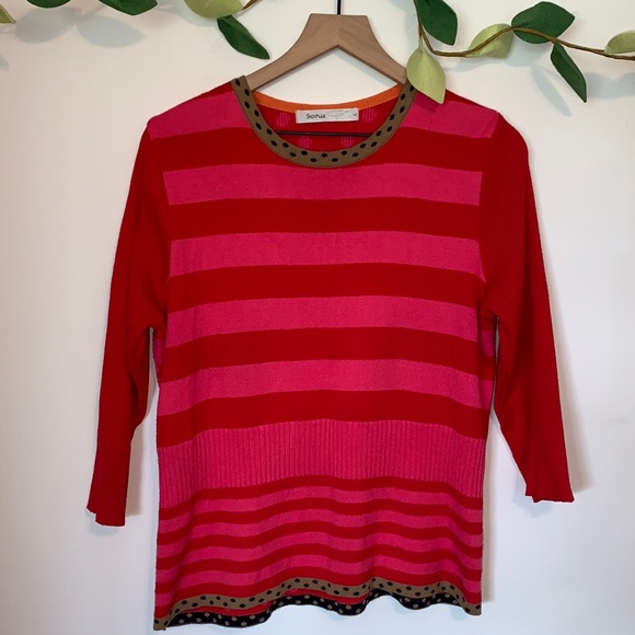 Skovhuus Striped Polka Dot 3/4 Sleeve Scoop neck Patterned Sweater Cinched Waist - Picture 2 of 8